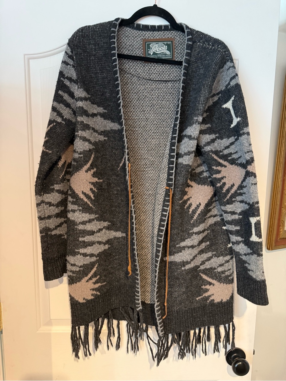 Roots Gray and Cream Fringe Open Cardigan Sweater